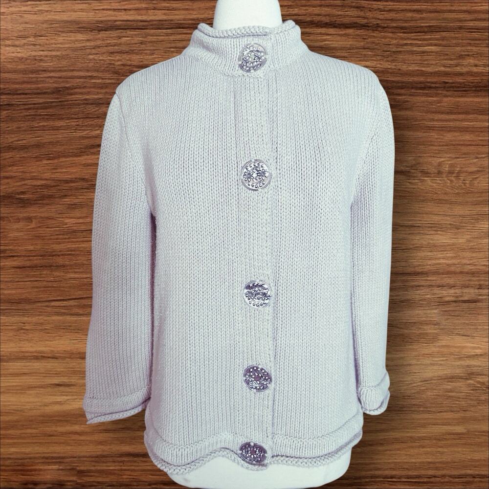 Pure Handknit Cardigan Womens M/ L Decorative Buttons Chunky Knit Pale Celery